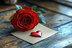 Red Rose and Heart on Rustic Envelope - Romantic Valentine s Day Concept for Card Design photo