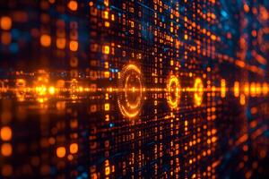 Futuristic Digital Data Stream with Binary Code and Glowing Orange Lights photo