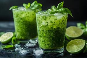 Refreshing Lime and Basil Drink with Ice for Summer Refreshment and Cocktail Inspiration photo