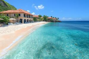 Tropical Beachfront Resort with Clear Blue Waters and Lush Greenery for a Perfect Summer Getaway photo