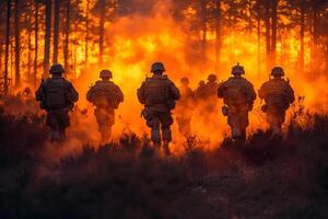 Military Training Exercise at Sunset in Forest Setting for Tactical Preparation photo
