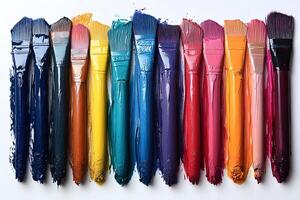 Colorful Spectrum of Paintbrushes with Vibrant Paint for Artistic Creativity photo