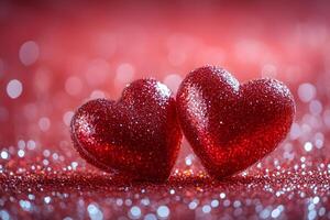 Glittering Red Hearts with Sparkling Bokeh for Valentine's Day, Romantic Decor, Greeting Card Design photo