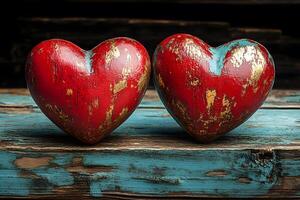 Rustic Red Heart Sculptures on Weathered Wood for Romantic Decor and Valentine's Day Themes photo