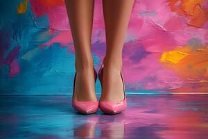 Elegant Pink High Heels Against Vibrant Abstract Background for Fashion and Art Design photo