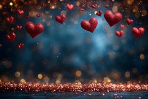 Romantic Valentine's Day Background with Floating Glitter Hearts for Love-Themed Designs photo