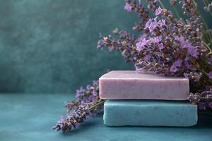 Lavender Soap Bars on Textured Surface for Spa and Aromatherapy Design photo
