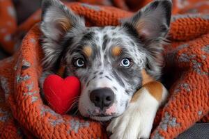 Cozy Canine Snuggling with Heart Plush - Warmth and Affection in Winter Blanket photo