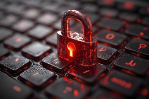 Cybersecurity Concept with Red Lock on Keyboard for Digital Protection Design photo