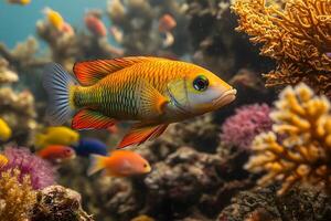 Vibrant Coral Reef Scene with Colorful Tropical Fish for Ocean Life Print Design photo