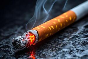 Close-Up of a Lit Cigarette with Glowing Embers and Rising Smoke on a Dark Background photo