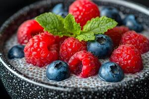 Fresh Berries with Chia Seed Pudding and Mint Garnish for a Nutritious Breakfast photo
