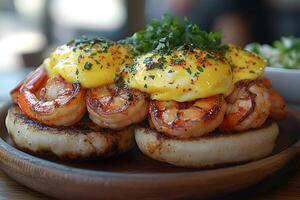Gourmet Shrimp Benedict with Hollandaise Sauce on English Muffins for Brunch photo