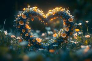 Heart-Shaped Floral Arrangement in Blooming Meadow for Romantic Occasions photo