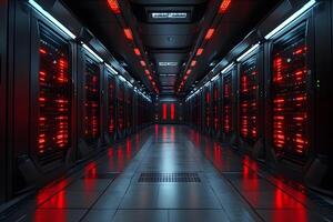 Futuristic Data Center Corridor with Glowing Red Server Lights for Technology Backgrounds photo