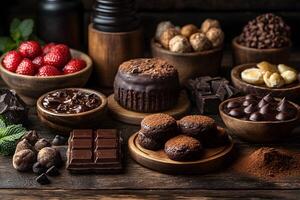 Assorted Chocolate Desserts and Fresh Fruits on Rustic Wooden Table Setting photo