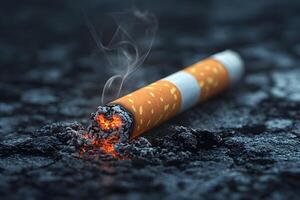 Burning Cigarette Butt on Asphalt Smoking and Littering Awareness Concept photo