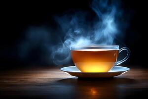 Steaming Cup of Tea on Wooden Table - Warm Beverage Concept for Relaxation photo
