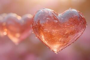Glowing Heart-Shaped Ice Sculptures with Dewdrops Reflecting Sunlight during Romantic Sunrise photo