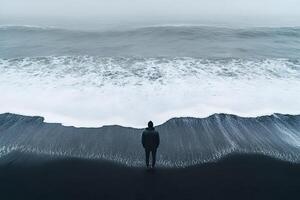 Solitude on Black Sand Beach Contemplative Ocean View for Reflection and Tranquility photo