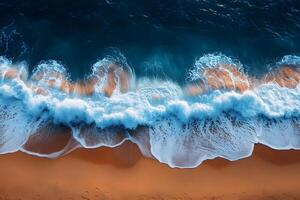 Breathtaking Aerial View of Waves Crashing on Sandy Beach - Coastal Serenity for Print or Digital Use photo