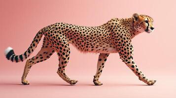 Lively cheetah walking gracefully against a pink background photo