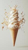 Dynamic splash of soft serve ice cream cone with creamy swirl and liquid burst photo