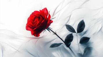Red rose on soft white fabric background with green leaves photo