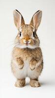 Standing rabbit with brown fur and big ears on neutral background photo