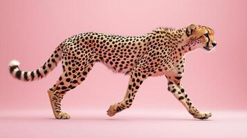 Cheetah walking gracefully against a pink background photo