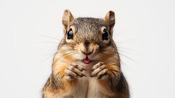 Close-up of a squirrel with tongue out on a white background photo