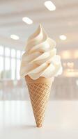 Delicious vanilla soft serve ice cream in a cone served indoors photo