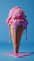 Melting pink ice cream cone with dripping syrup on a blue background photo