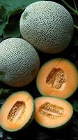 Fresh cantaloupe melons on a dark surface with one melon cut in half photo