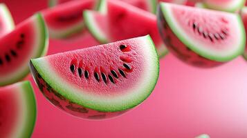 Floating watermelon slices on pink background photo