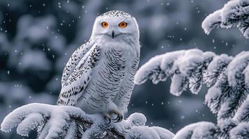 Snowy owl perched on a snow-covered branch in winter landscape photo
