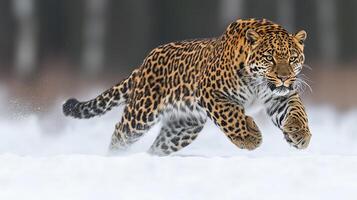 Leopard running in snowy landscape with snowfall in winter habitat photo