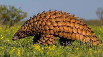 Pangolin walking in yellow flower field under clear blue sky photo