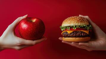 Healthy choice vs. unhealthy choice. Apple and burger hands on red background photo