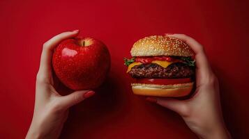 Healthy eating choices. Apple and cheeseburger on red background photo