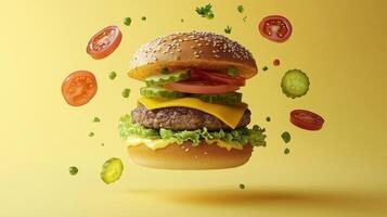 Delicious cheeseburger with fresh vegetables and flying ingredients on yellow background photo
