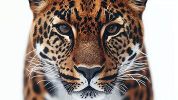 Close-up of a majestic jaguar with striking fur pattern against a white background photo