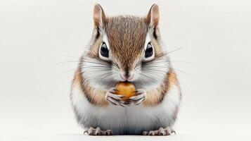 Close-up of a chipmunk holding an acorn on a white background photo