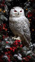 Snowy owl perched among red flowers and snowy branches during christmas season photo