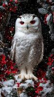 Snowy owl perched among holly and snowflakes in a festive winter scene photo