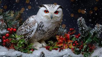 Close-up of a white owl surrounded by winter berries and snow photo
