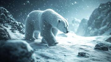 Polar bear walking through snowy landscape in winter with falling snow photo