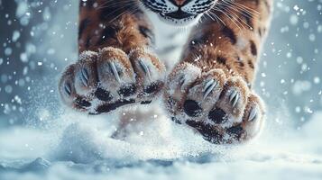 Close up of a snowy tiger paw print with snow flakes falling photo