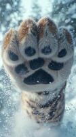 Close-up of a tiger paw with snow falling in a winter landscape photo