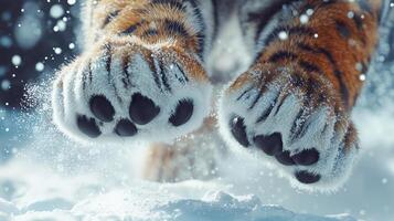 Close-up view of tiger paws walking through snow in a winter landscape photo